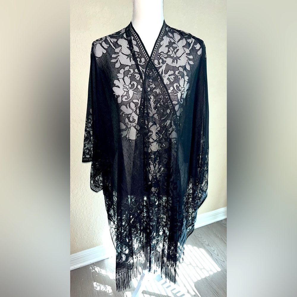 Boho Kimono Black Sheer Lace Cover-Up.